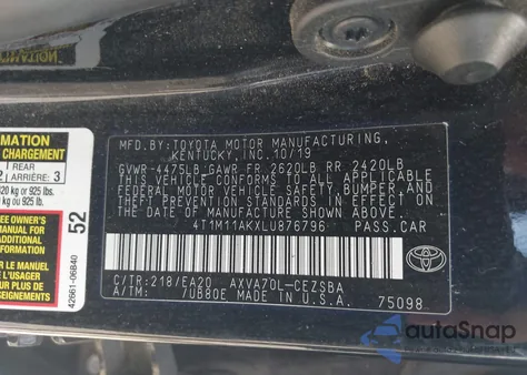 2020 Toyota Camry Se from USA, damaged, VIN 4T1M11AKXLU876796